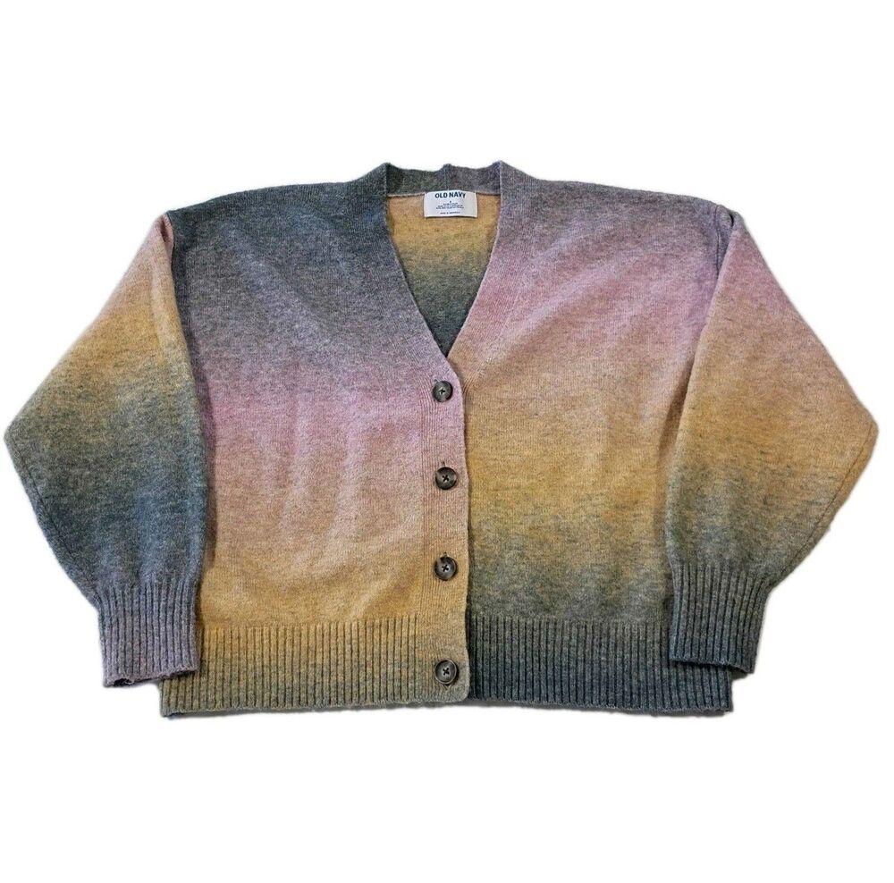Old Navy Cozy Button Up Cardigan Sweater Womens S Boxy Rainbow Recycled Ombre
